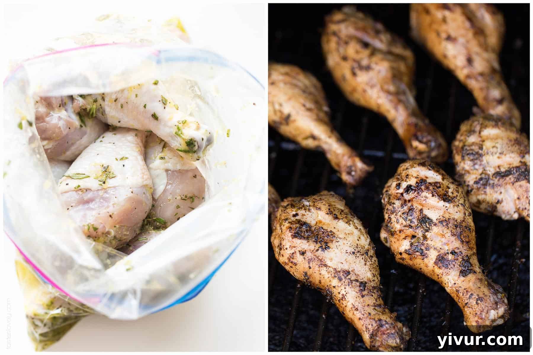 Close-up of perfectly seared and grilled lemon herb chicken drumsticks, showcasing the char marks and succulent texture, ready to be enjoyed.