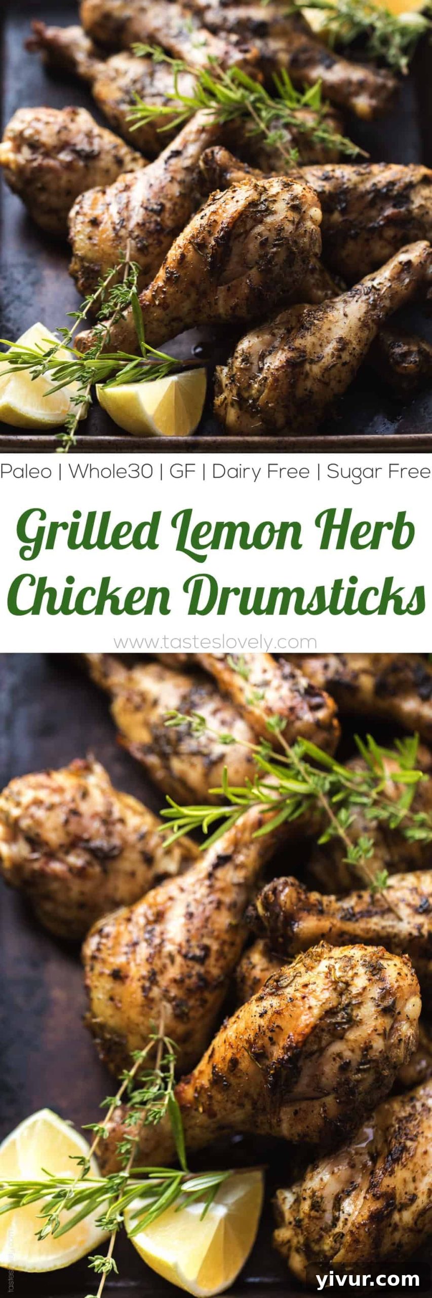 A tall, narrow image of five Grilled Lemon Herb Chicken Drumsticks arranged vertically, with lemon wedges and fresh herbs, emphasizing their appealing presentation.