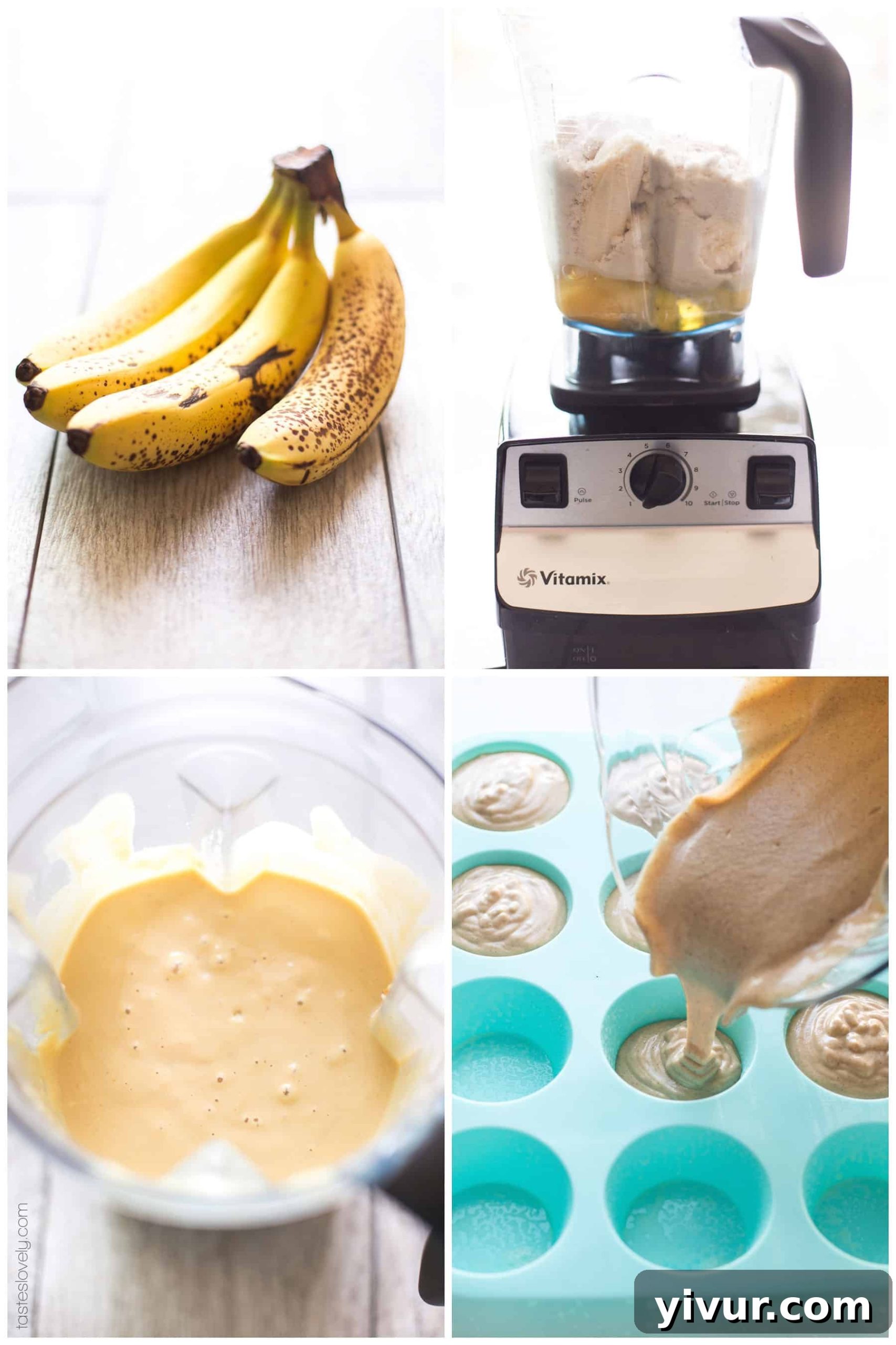 Blender with ingredients ready to make almond flour paleo banana muffins, emphasizing natural sweetness.