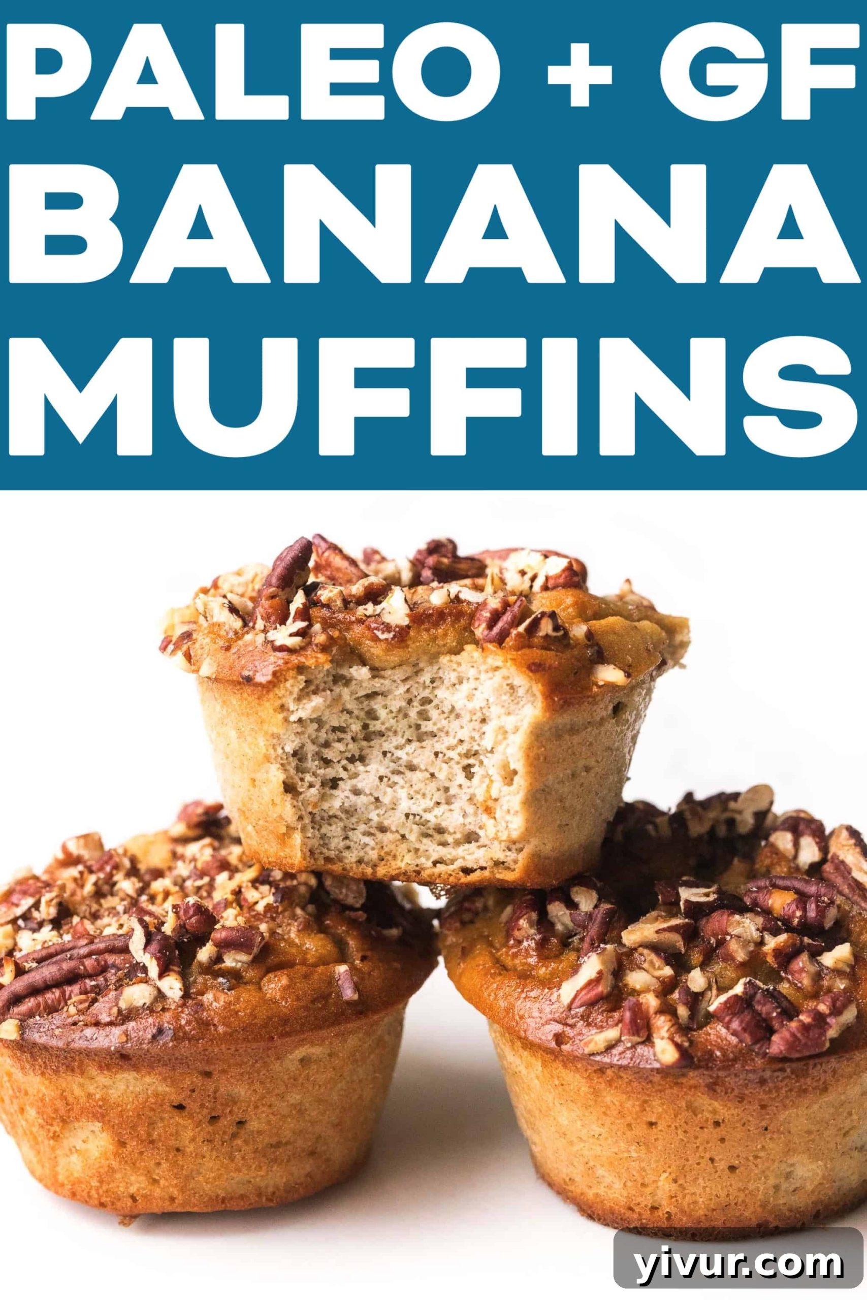 A close-up shot of a single paleo banana muffin, showcasing its texture and the pecan topping.