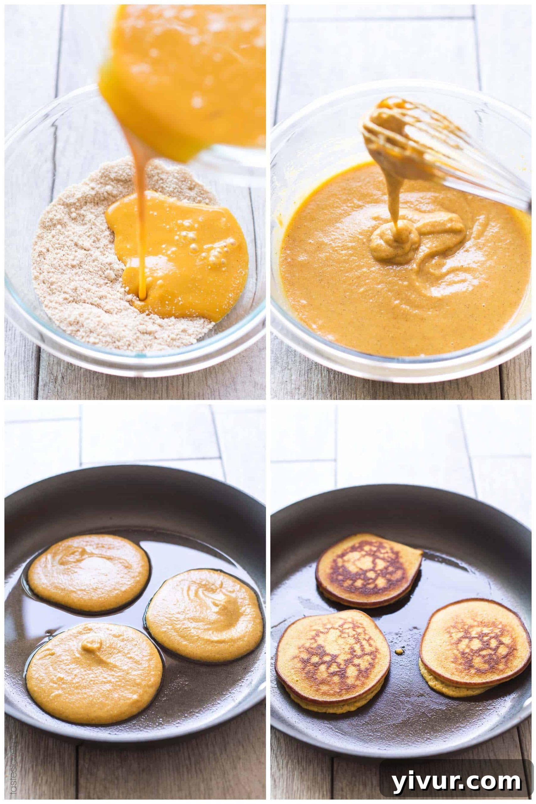The pancake batter being gently spread on a griddle, illustrating the slightly thicker consistency of Paleo and Keto pumpkin pancakes made with alternative flours.