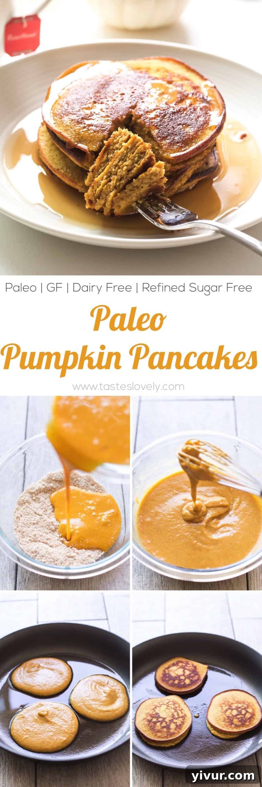 A stunning flat lay of fall-themed breakfast, featuring Keto Paleo Pumpkin Pancakes adorned with various healthy toppings like nuts and whipped cream, alongside a steaming cup of tea.