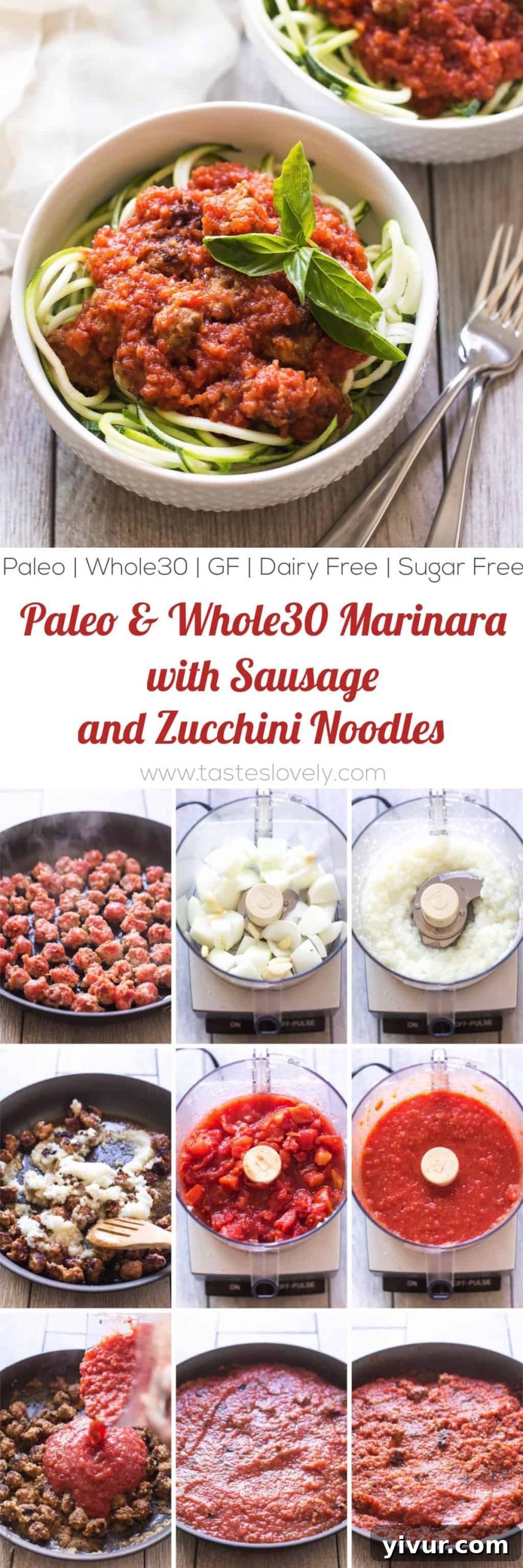 Paleo Whole30 Sausage Zoodle Marinara 8 Homemade paleo & Whole30 marinara sauce, made from canned tomatoes with italian sausage. Served over zucchini noodles. A healthy and delicious dinner recipe! Paleo, whole30, gluten free, grain free, dairy free, sugar free, clean eating.