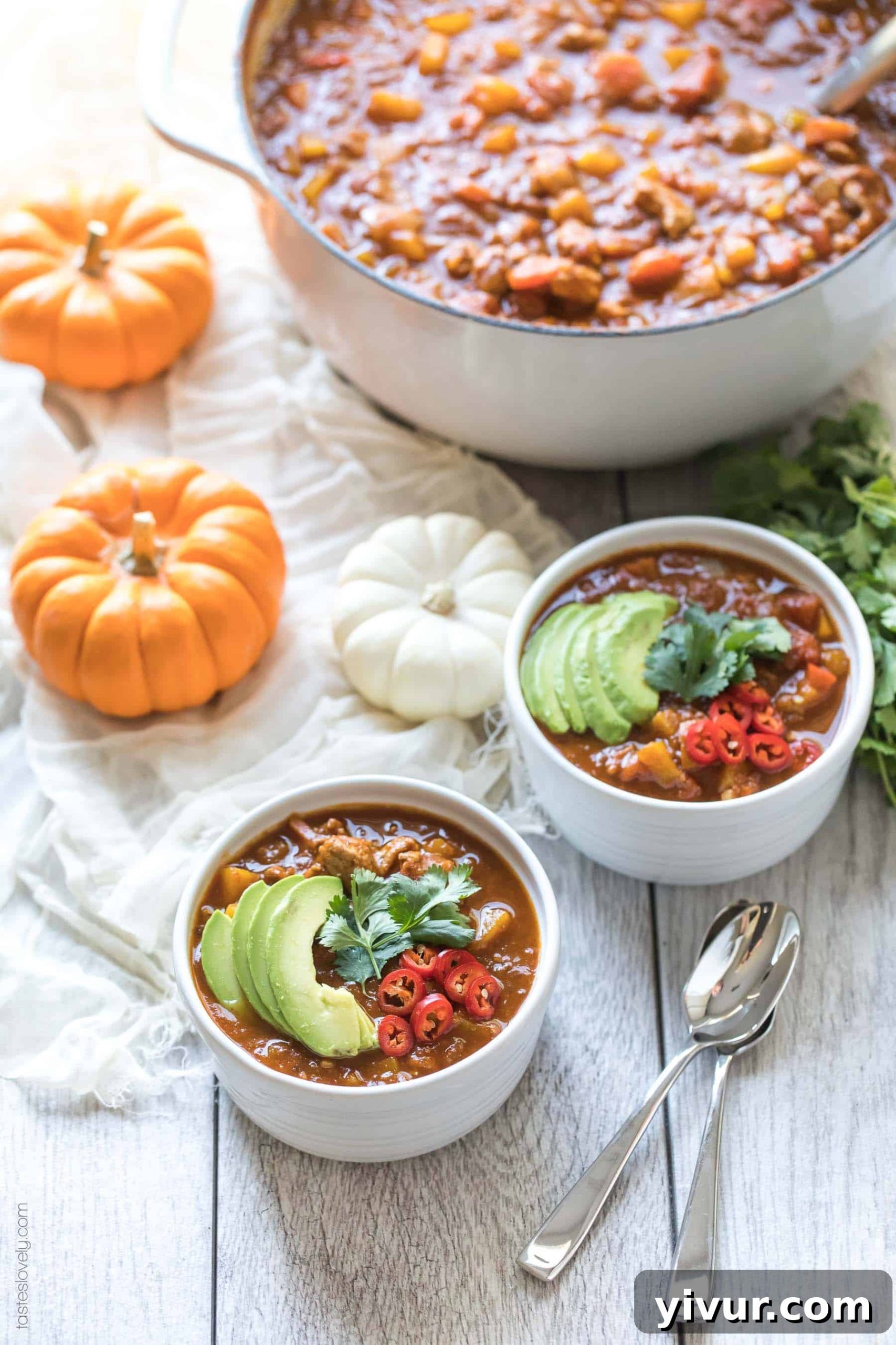 Close-up of a serving of Paleo & Whole30 Pumpkin Turkey Chili, highlighting its vibrant colors and rich texture. Ideal for clean eating and compliant with Paleo and Whole30 diets.