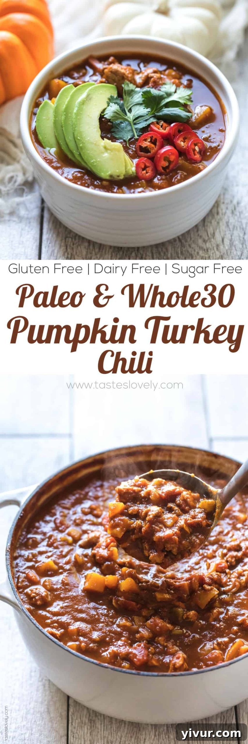 A final close-up shot of Paleo & Whole30 Pumpkin Turkey Chili in a bowl, topped with fresh cilantro and avocado, ready to be enjoyed as a healthy and flavorful meal.