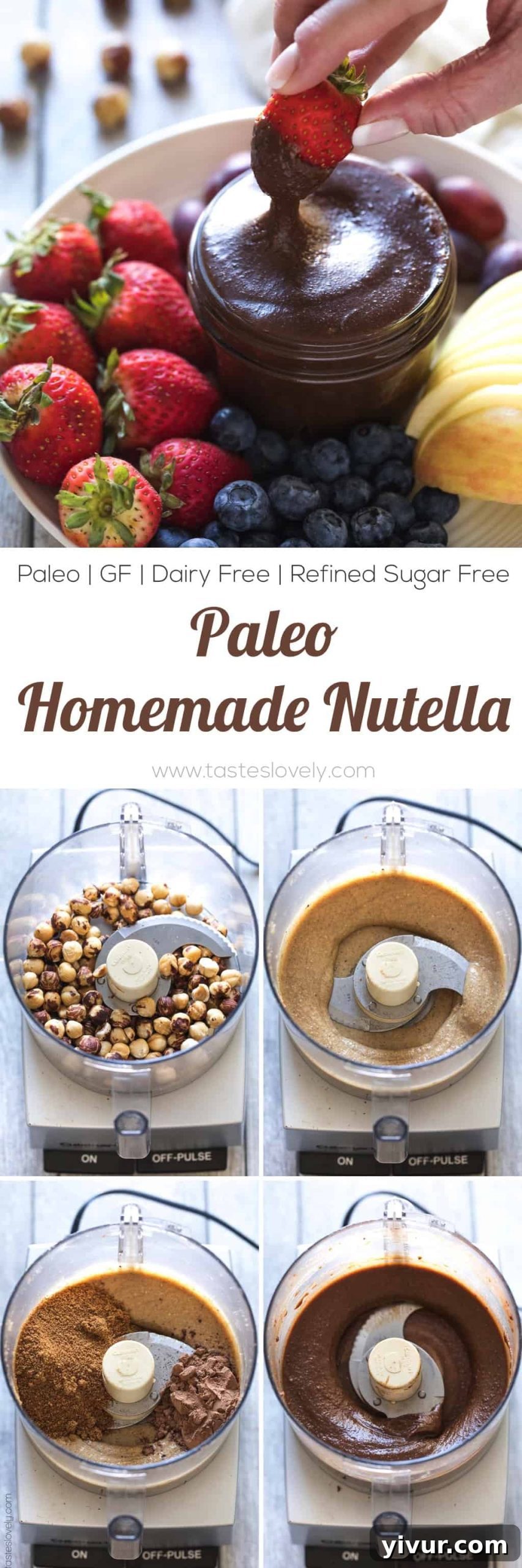 A tall image showing various ways to enjoy homemade Paleo Nutella.