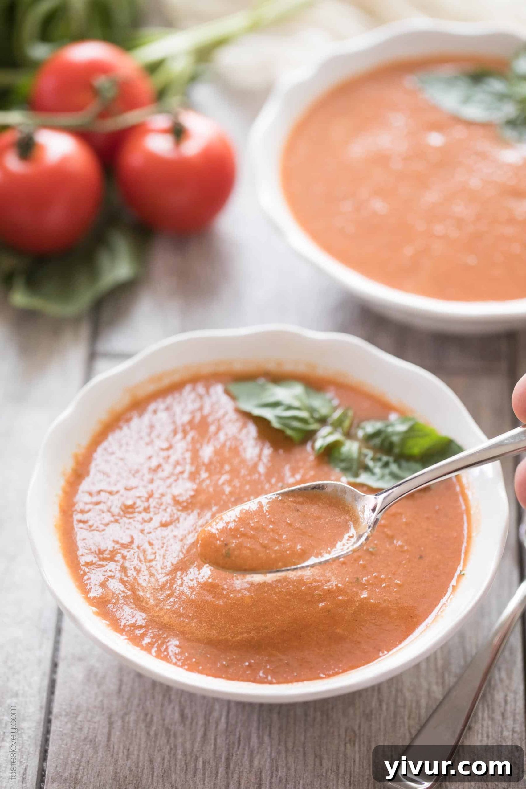 Paleo & Whole30 Tomato Basil Soup - made with canned tomatoes and in the blender, ready in 15 minutes! (dairy free, gluten free, sugar free)