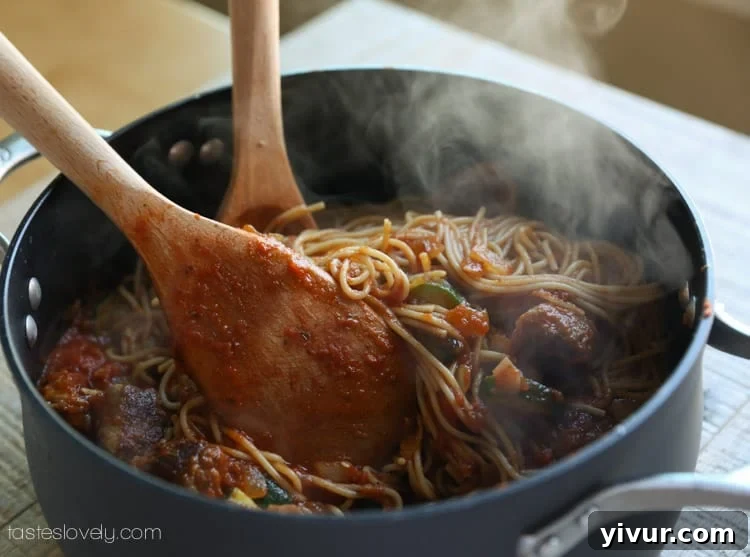 Low calorie spaghetti & sausage meatballs, only 410 calories!