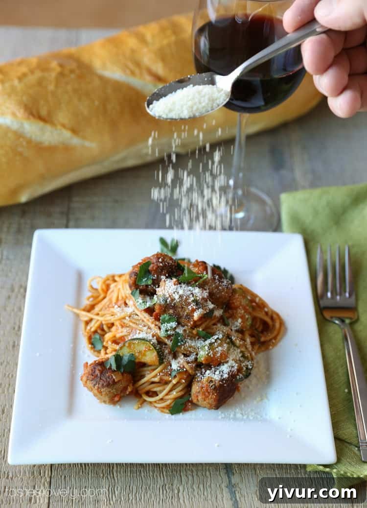 Lightened up spaghetti & sausage meatballs, only 410 calories!