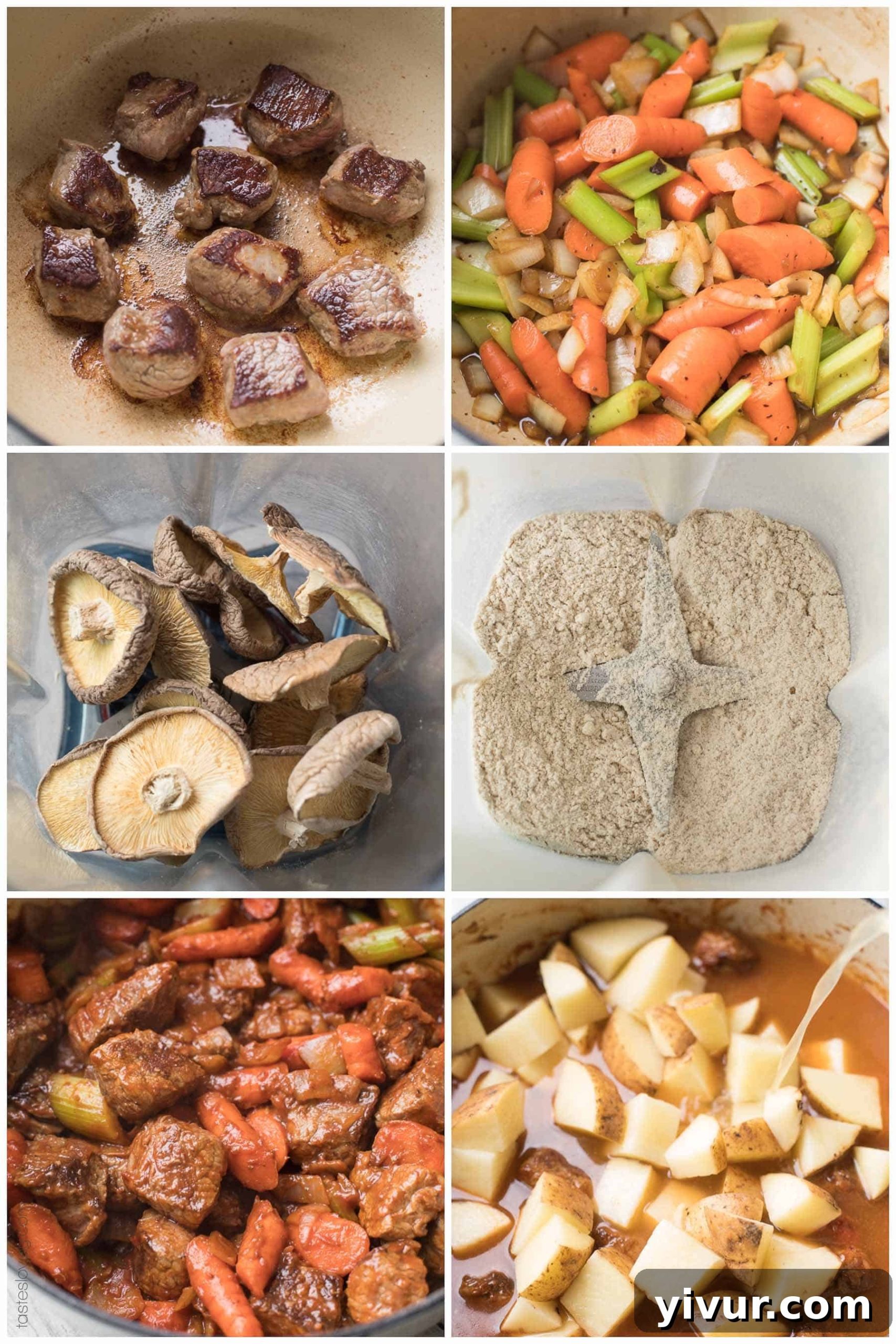 Step-by-step cooking process of Paleo and Whole30 Beef Stew, showing ingredients being prepared.