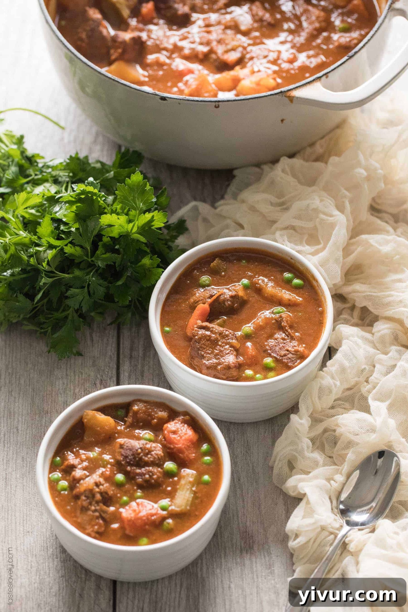 Delicious Paleo and Whole30 Beef Stew served in two white bowls, with a Dutch oven in the background.