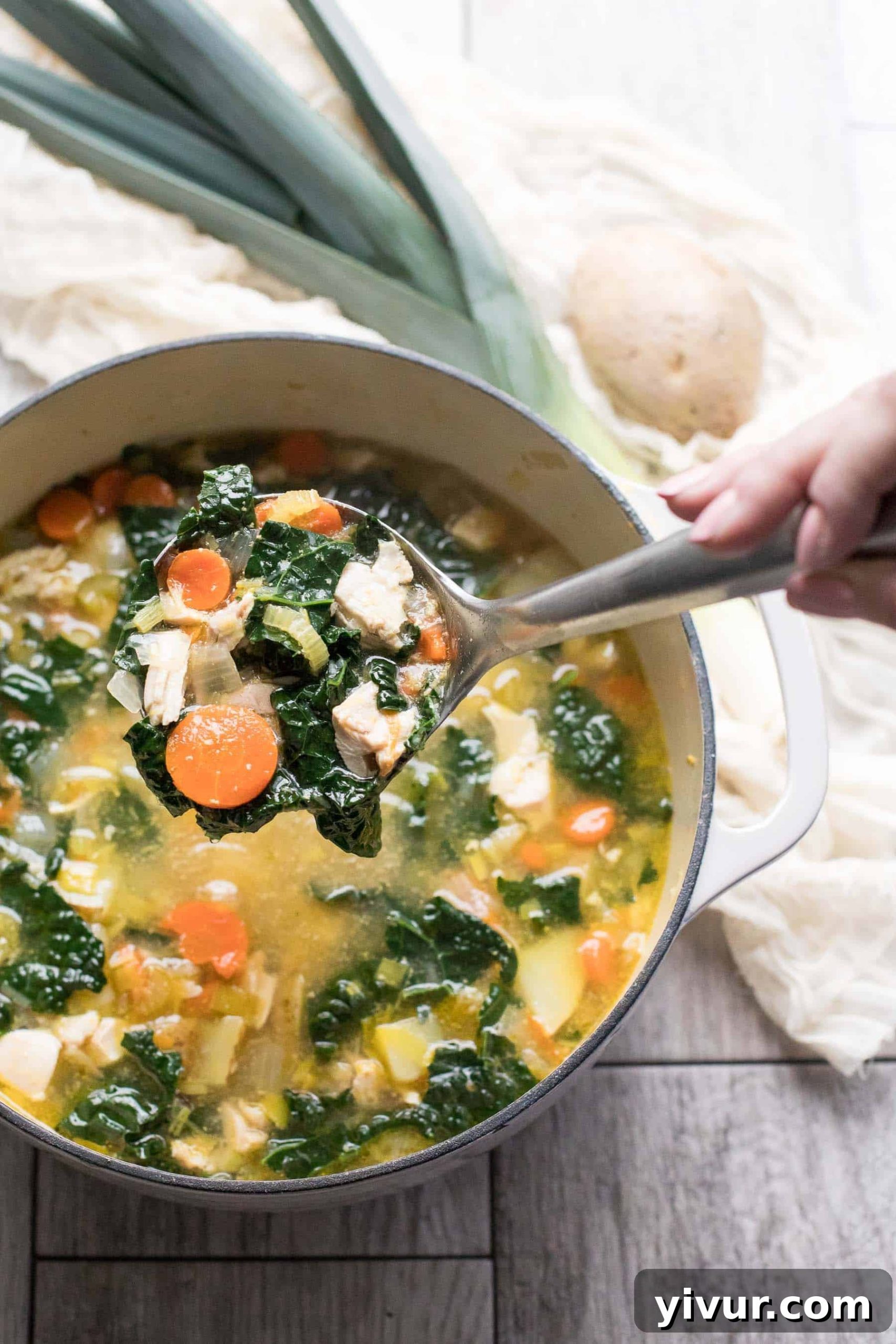 Wholesome Chicken and Kale Potato and Leek Soup 3 A large Dutch oven filled with simmering chicken kale soup, with a silver ladle ready to serve.