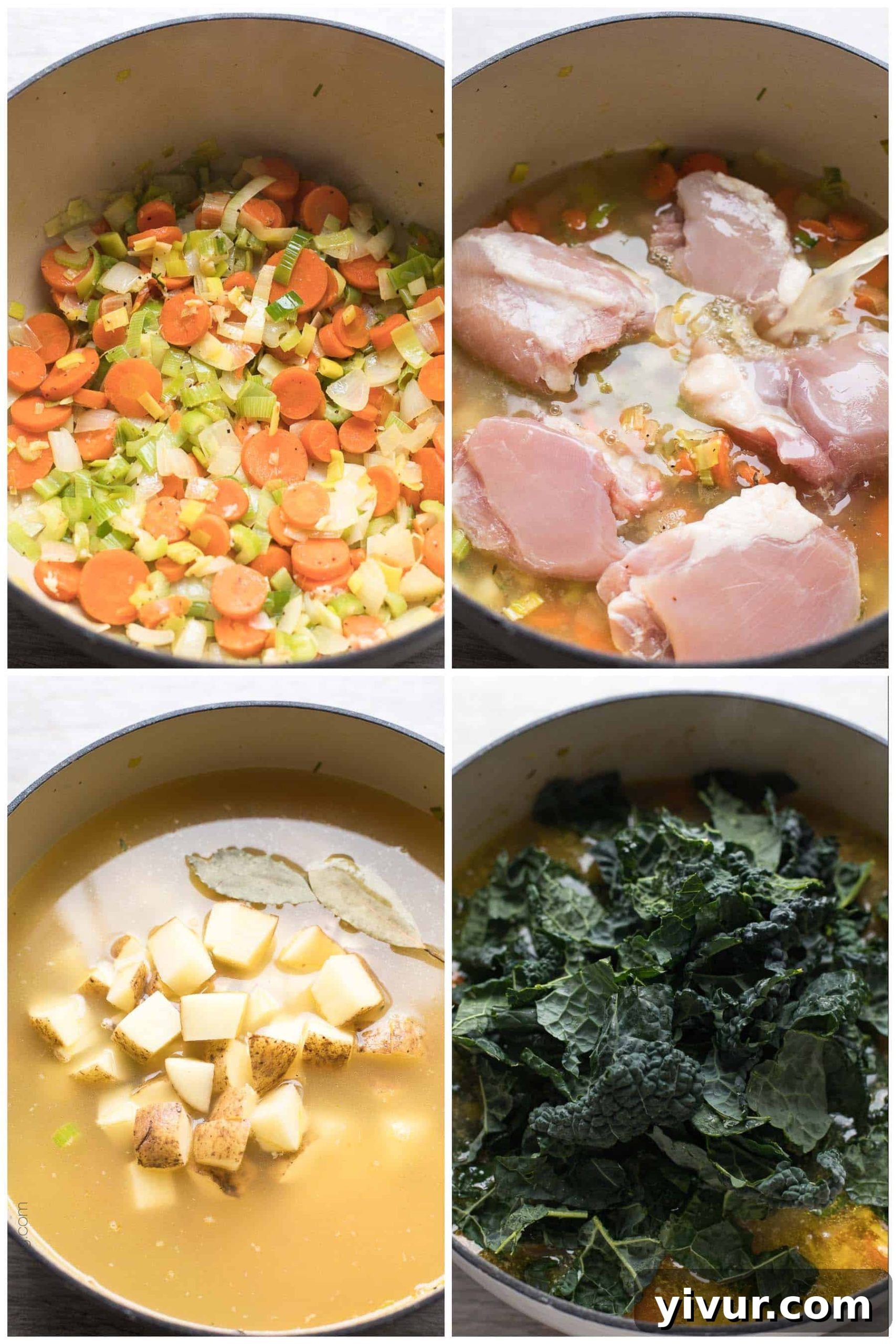 Wholesome Chicken and Kale Potato and Leek Soup 4 A series of step-by-step photos illustrating the preparation process of the chicken kale soup, from sautéing vegetables to simmering the broth.
