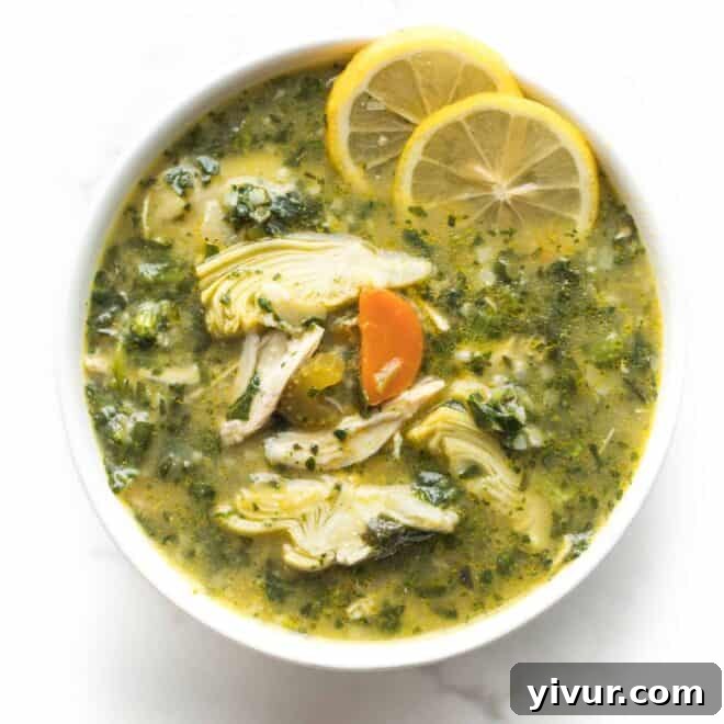 Wholesome Chicken and Kale Potato and Leek Soup 6 Keto Lemon Chicken Artichoke Soup in a rustic bowl.