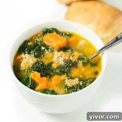 Wholesome Chicken and Kale Potato and Leek Soup 10 Sausage & Sweet Potato Soup with kale in a cozy bowl.