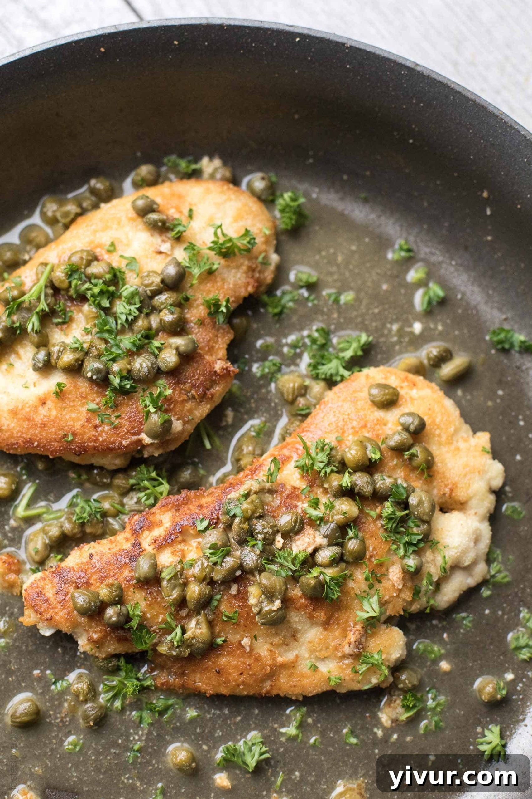 Plated keto chicken piccata with sauce and fresh parsley garnish