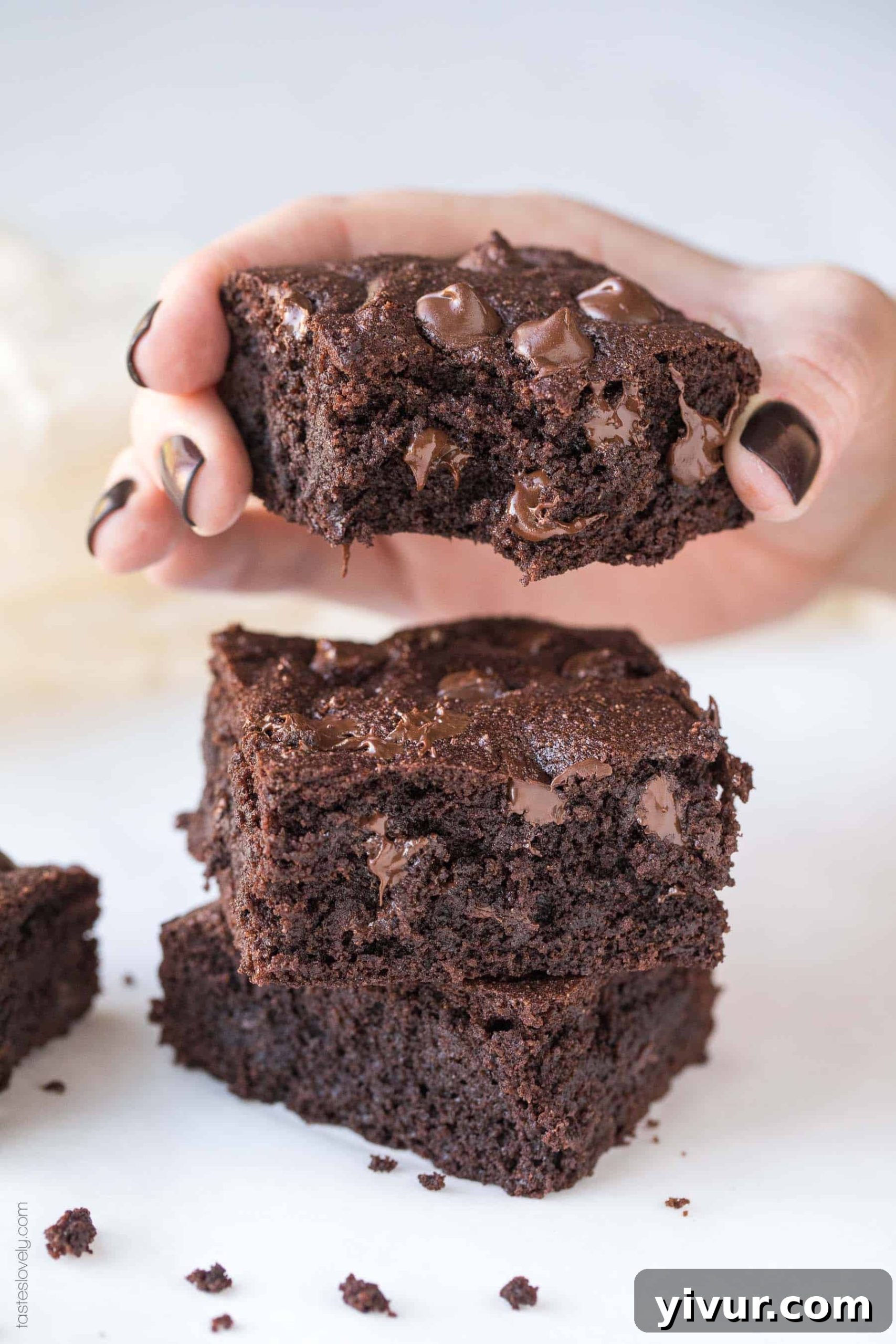 Decadent Dairy Free Keto Brownies Almond Flour 2 A hand holding a gooey, fudgy keto brownie with chocolate chips and a bite taken out, emphasizing its rich texture.
