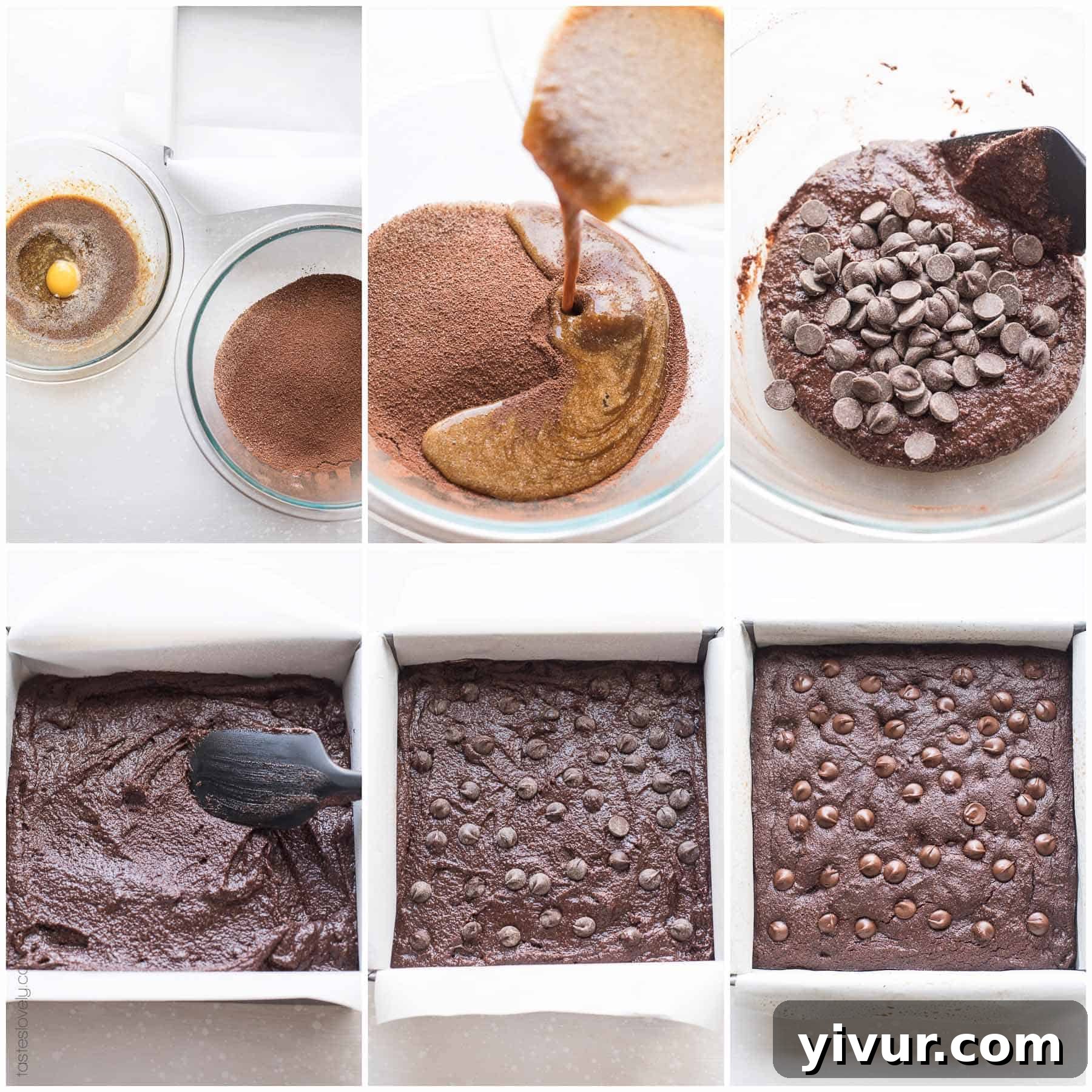 Decadent Dairy Free Keto Brownies Almond Flour 4 Six-step photo collage showing how to make keto brownies from mixing ingredients to the baked product, highlighting the ease of preparation.