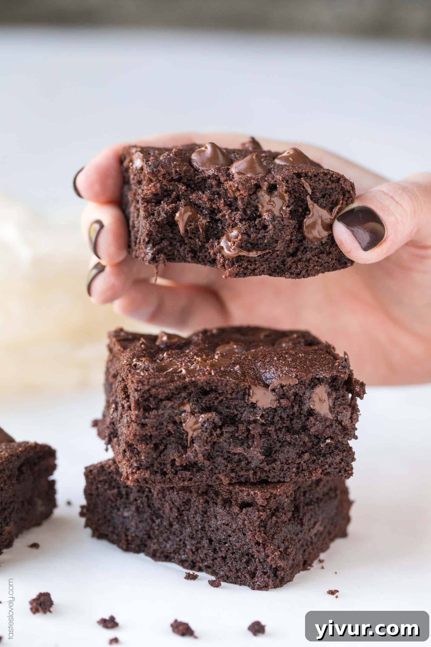 Decadent Dairy Free Keto Brownies Almond Flour 6 Three gluten-free, dairy-free brownies on a plate, showcasing their chewy texture and melty chocolate chips, ready to be enjoyed.
