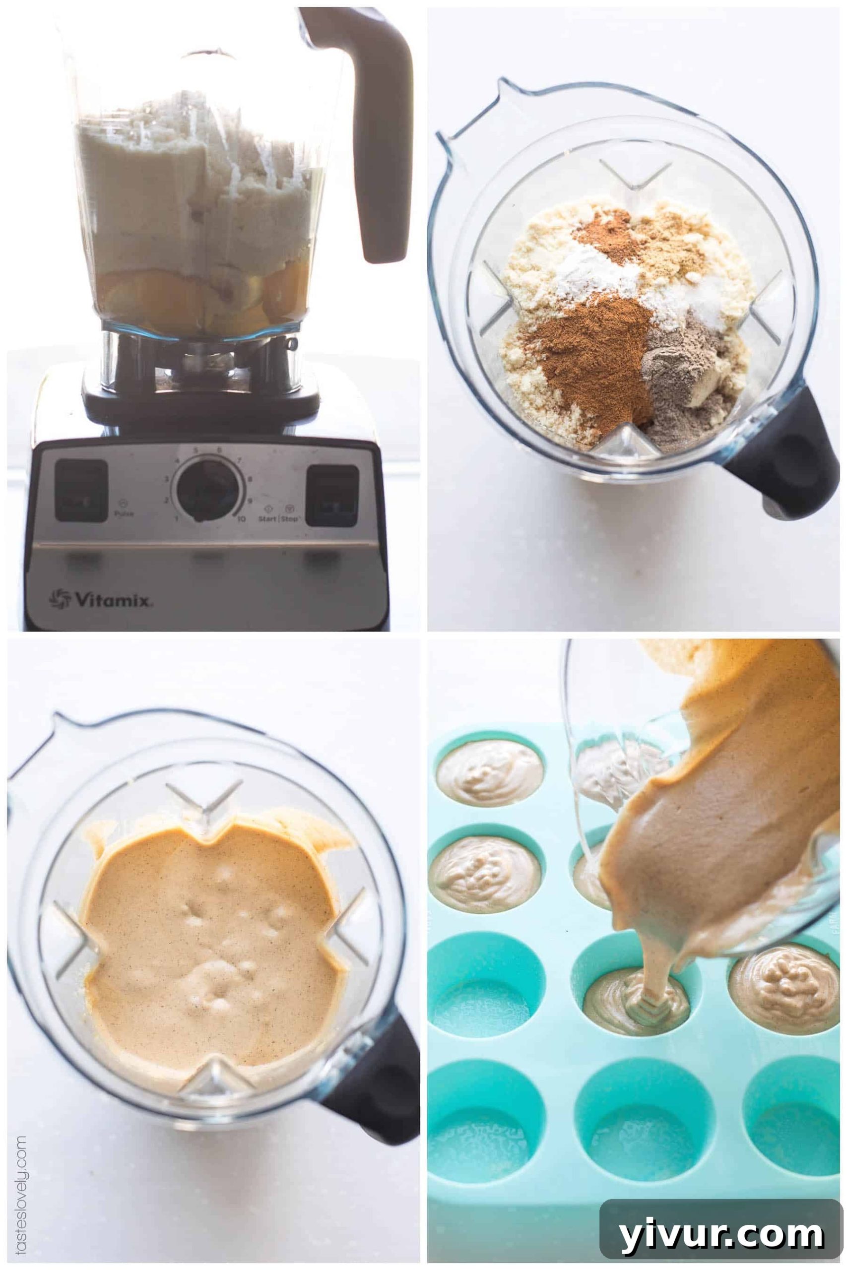 A step-by-step visual guide showing the simple process of preparing Paleo Chai Spice Banana Muffins.