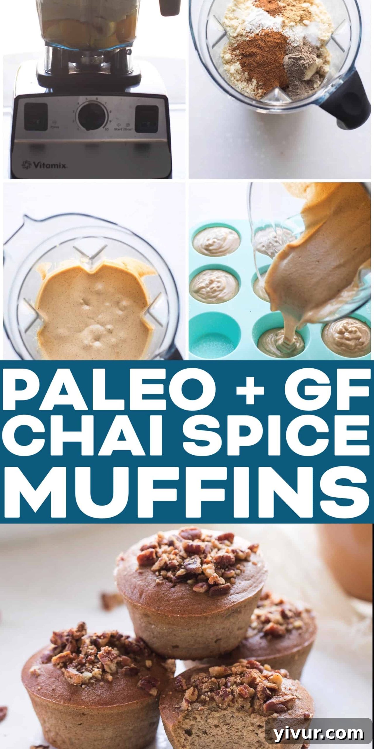 A beautifully styled shot of Paleo Chai Spice Banana Muffins, highlighting their texture and appealing presentation.