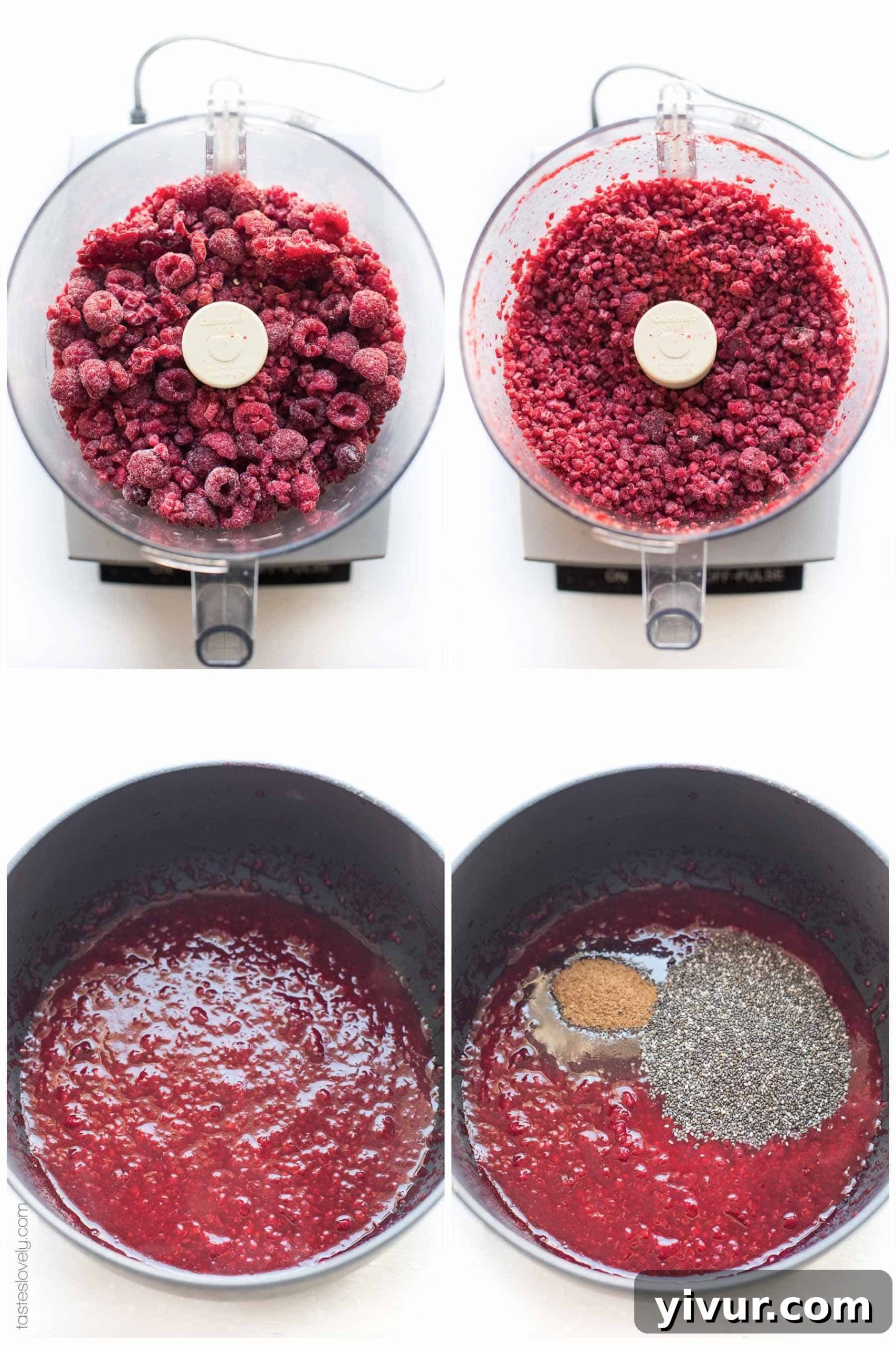 Ingredients for Paleo Chia Seed Jam laid out, including frozen berries, coconut sugar, chia seeds, and lemon juice, ready for preparation.