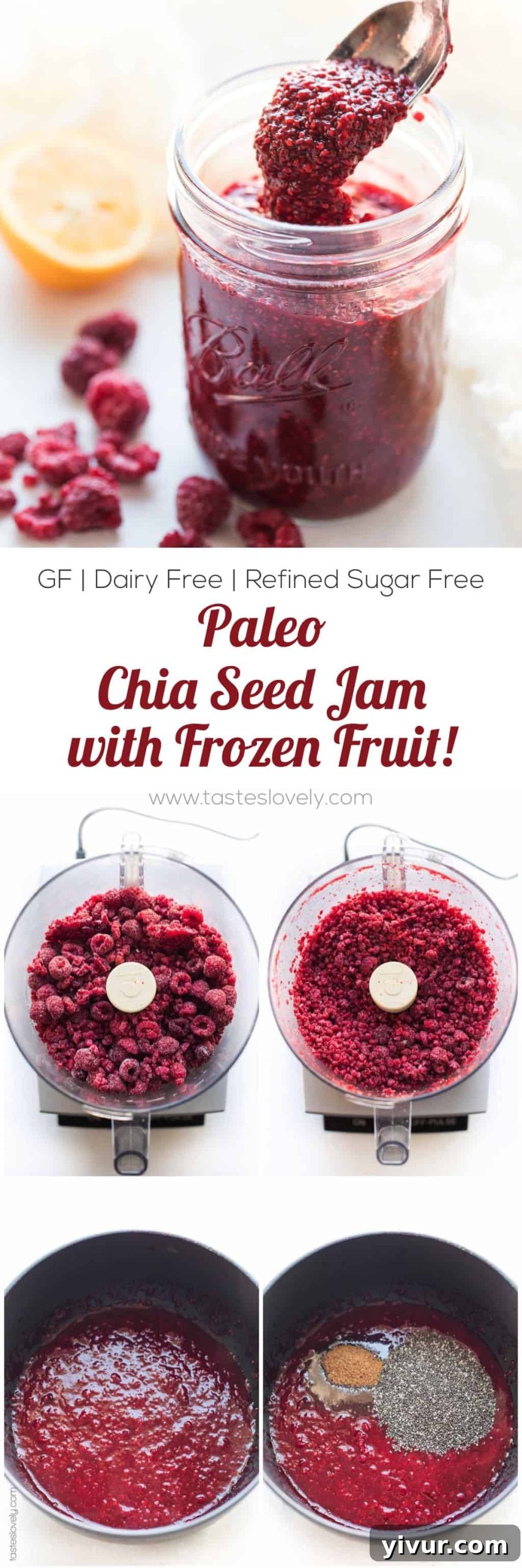 A tall, elegant photo of Paleo Chia Seed Jam in a jar, with fresh berries scattered around.