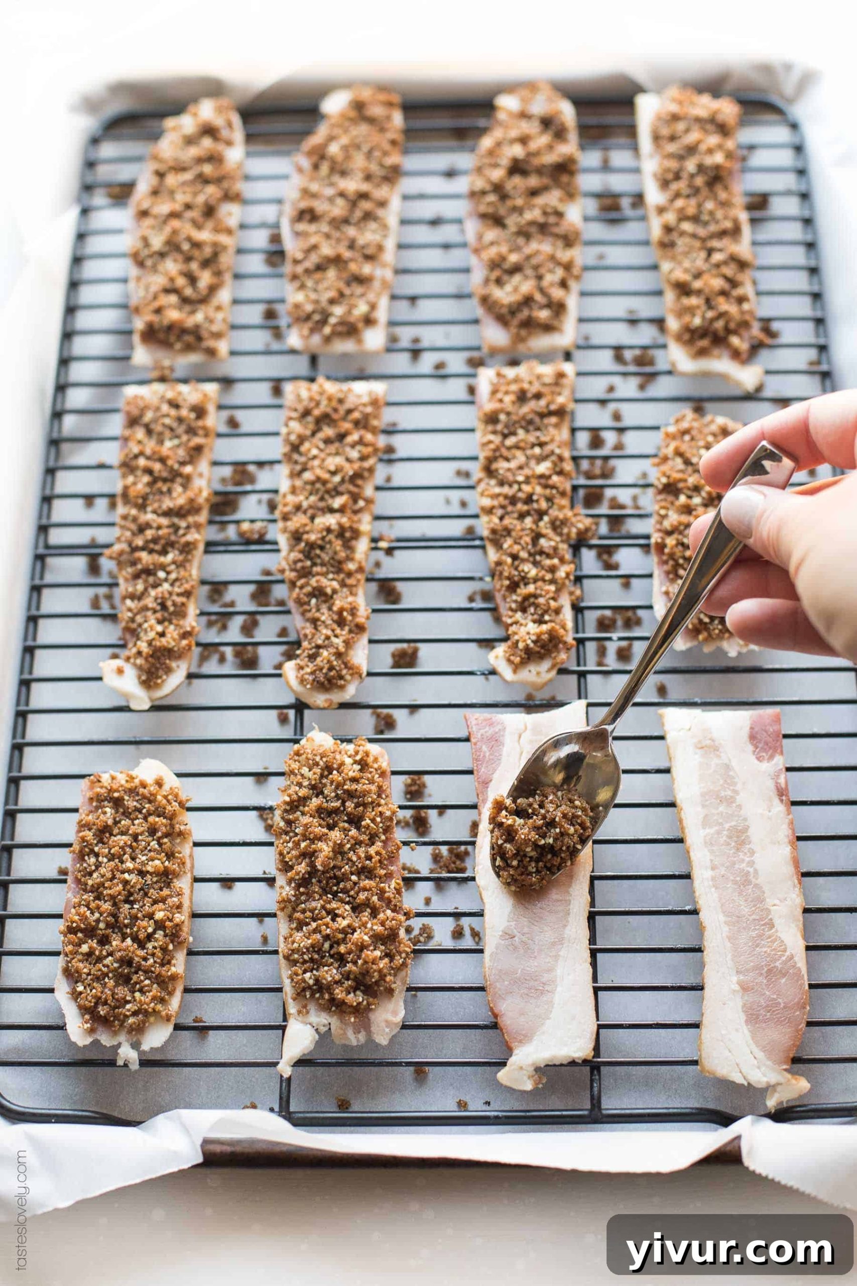 Delicious Paleo Pecan Candied Bacon cooling on a wire rack after baking, perfect for brunch or appetizers