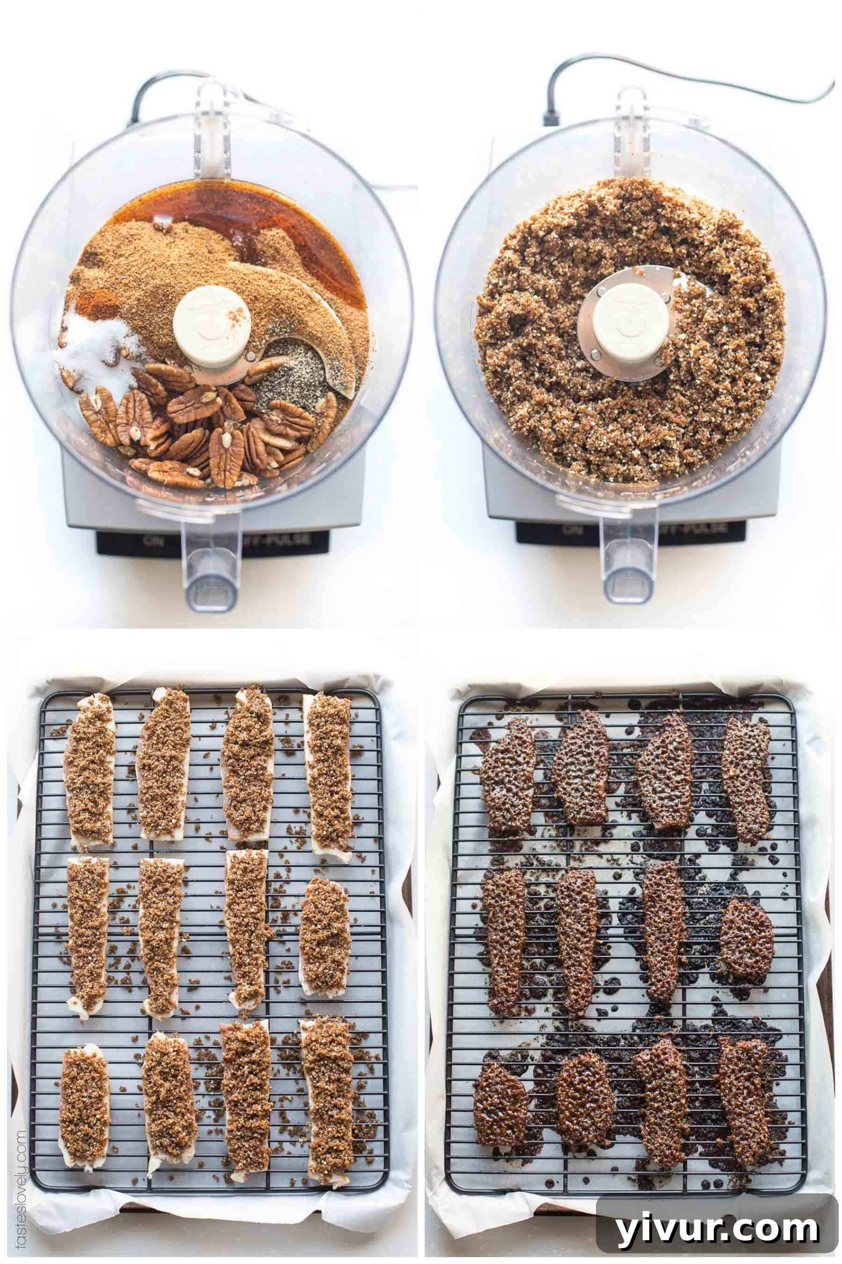 Tray of freshly baked Paleo Pecan Candied Bacon, glistening with sweet pecan topping