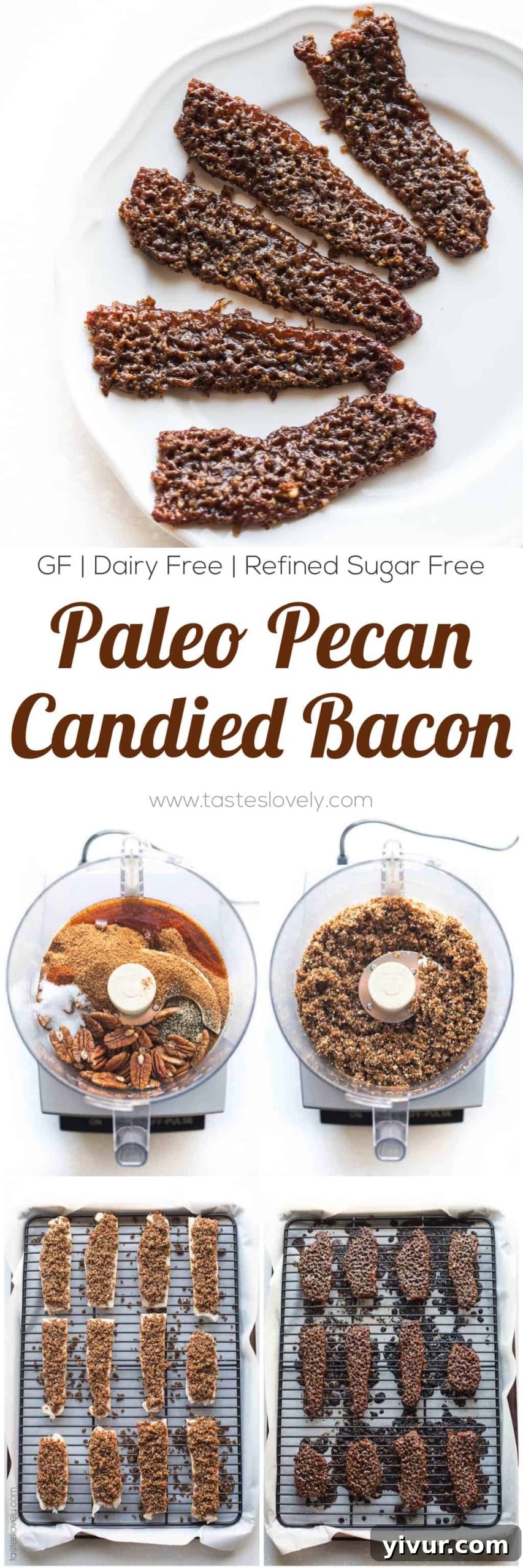 Tall stack of Paleo Pecan Candied Bacon on a white plate, highlighting its rich color and crunchy texture