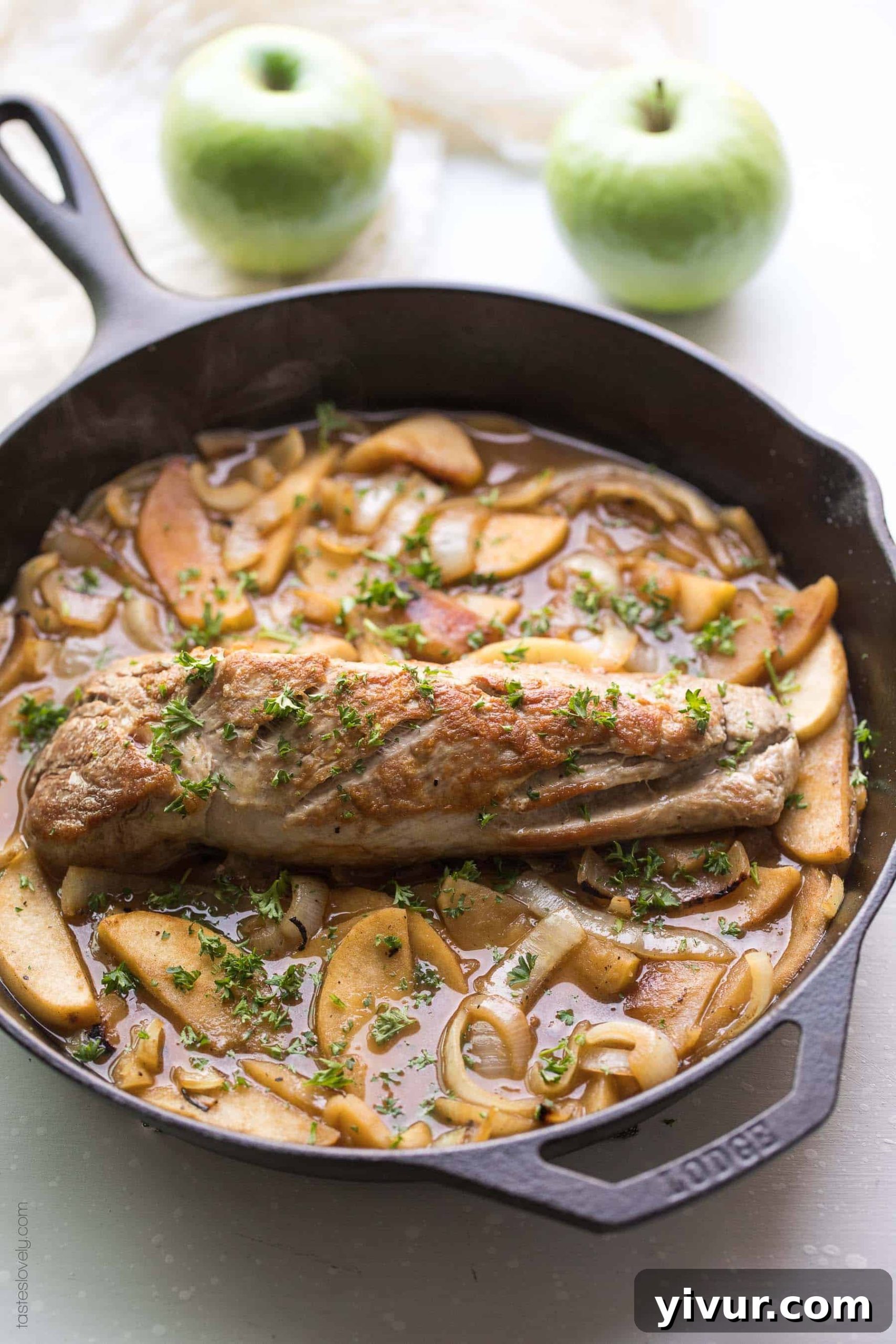 Paleo and Whole30 Apple & Onion Braised Pork Tenderloin - a flavorful and juicy dinner recipe that is dairy free, gluten free, sugar free