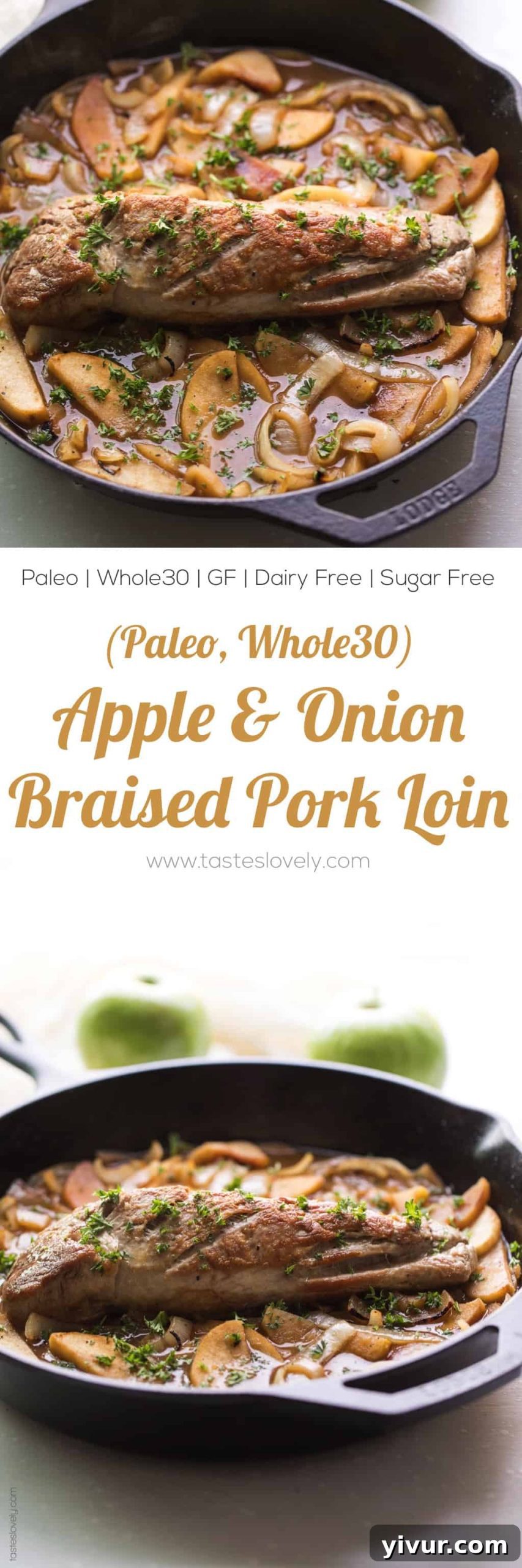 Paleo and Whole30 Apple & Onion Braised Pork Tenderloin - a flavorful and juicy dinner recipe that is dairy free, gluten free, sugar free