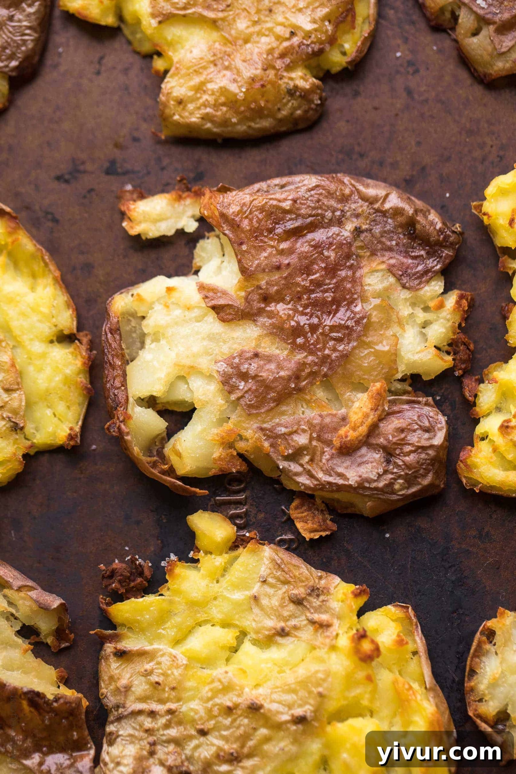 Paleo & Whole30 Crispy Smashed Potatoes with fresh herbs on a white plate, showcasing their golden-brown crisp exterior and fluffy interior. Ideal for gluten-free, grain-free, dairy-free, sugar-free, clean eating, and vegan diets.