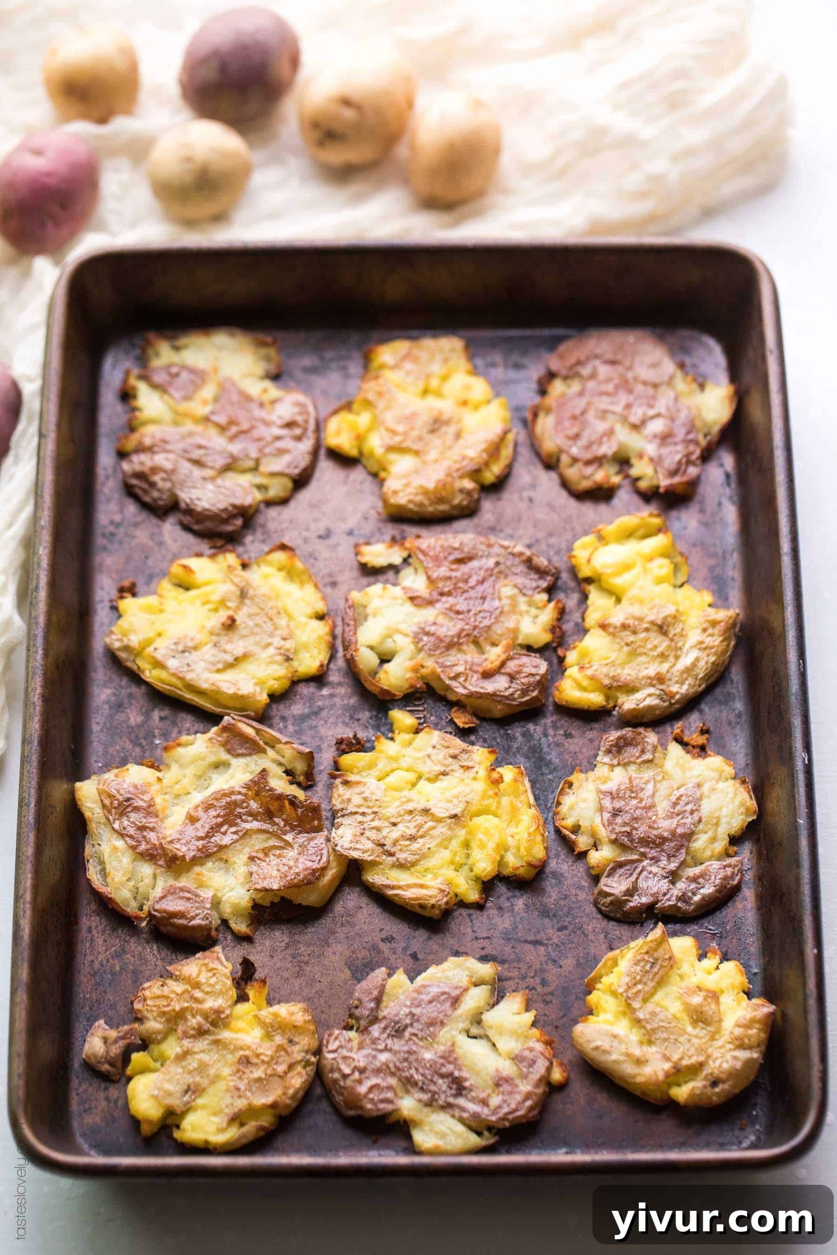Close-up of golden-brown Paleo & Whole30 Crispy Smashed Potatoes, garnished with fresh rosemary, highlighting their irresistible texture. A perfect side dish that is gluten-free, grain-free, dairy-free, sugar-free, clean eating, and vegan.