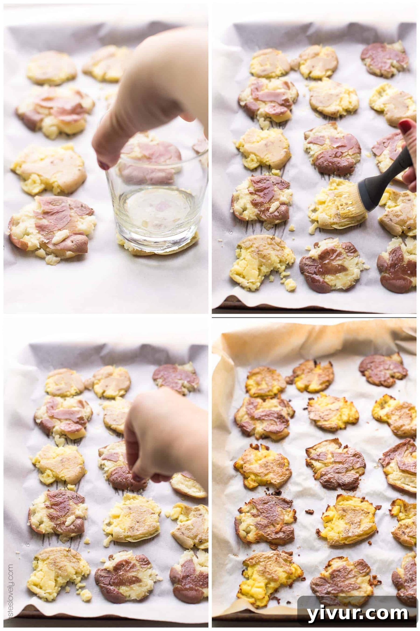 Hand applying olive oil with a pastry brush to smashed potatoes on a baking sheet, preparing them for roasting. These Paleo & Whole30 Crispy Smashed Potatoes are an excellent gluten-free, grain-free, dairy-free, sugar-free, clean eating, and vegan option.