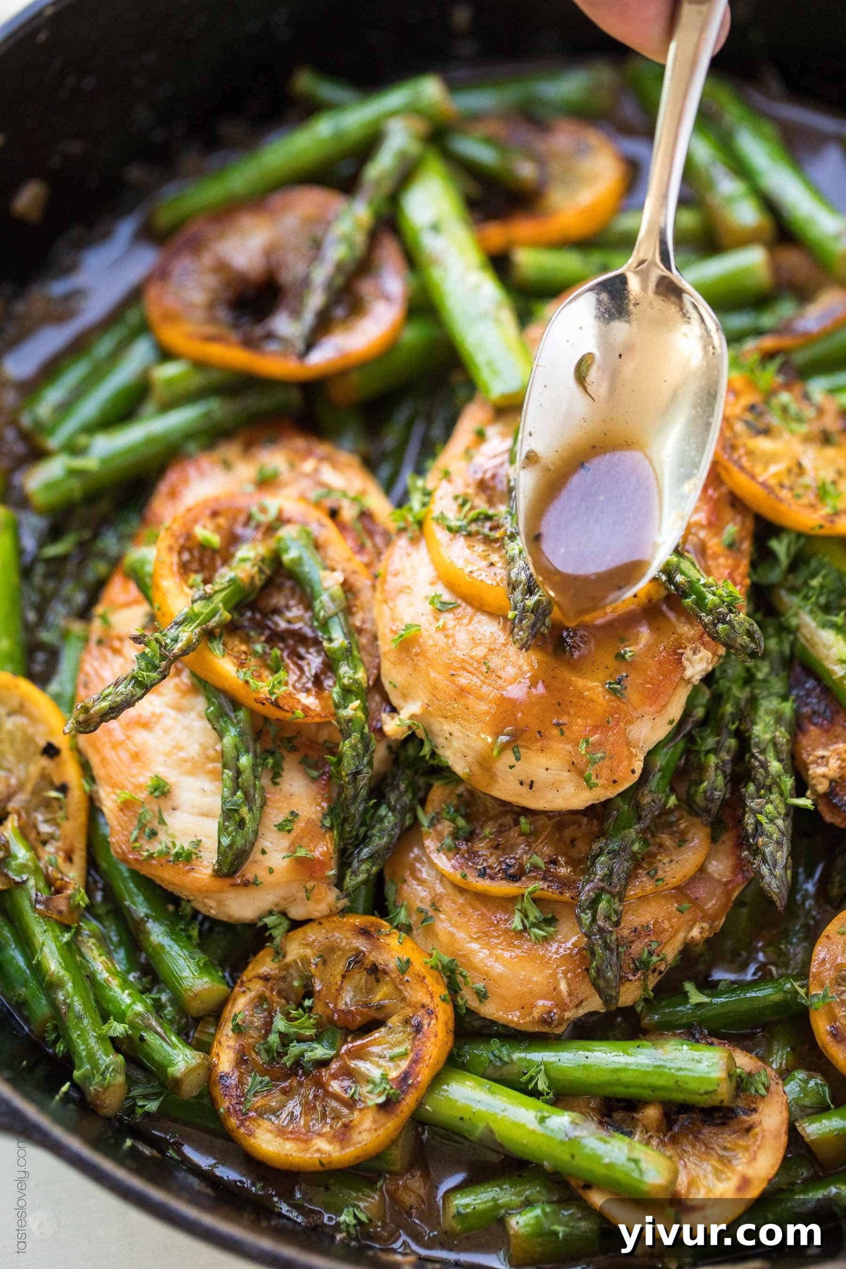 Zesty Paleo Lemon Honey Chicken and Asparagus Skillet 3 Close-up of the finished Paleo Lemon Honey Chicken and Asparagus Skillet, showcasing the vibrant colors and appealing texture of the chicken, asparagus, and golden sauce. Ideal for healthy eating and quick preparation.