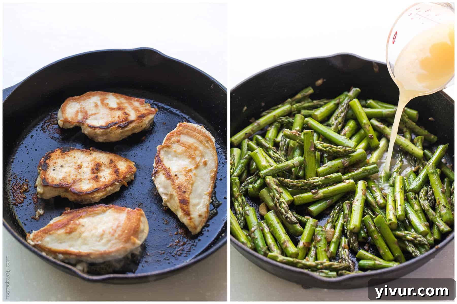 Zesty Paleo Lemon Honey Chicken and Asparagus Skillet 4 Action shot of cooking in a skillet, highlighting the ease and simplicity of preparing this healthy Lemon Honey Chicken & Asparagus dinner, perfect for busy families.