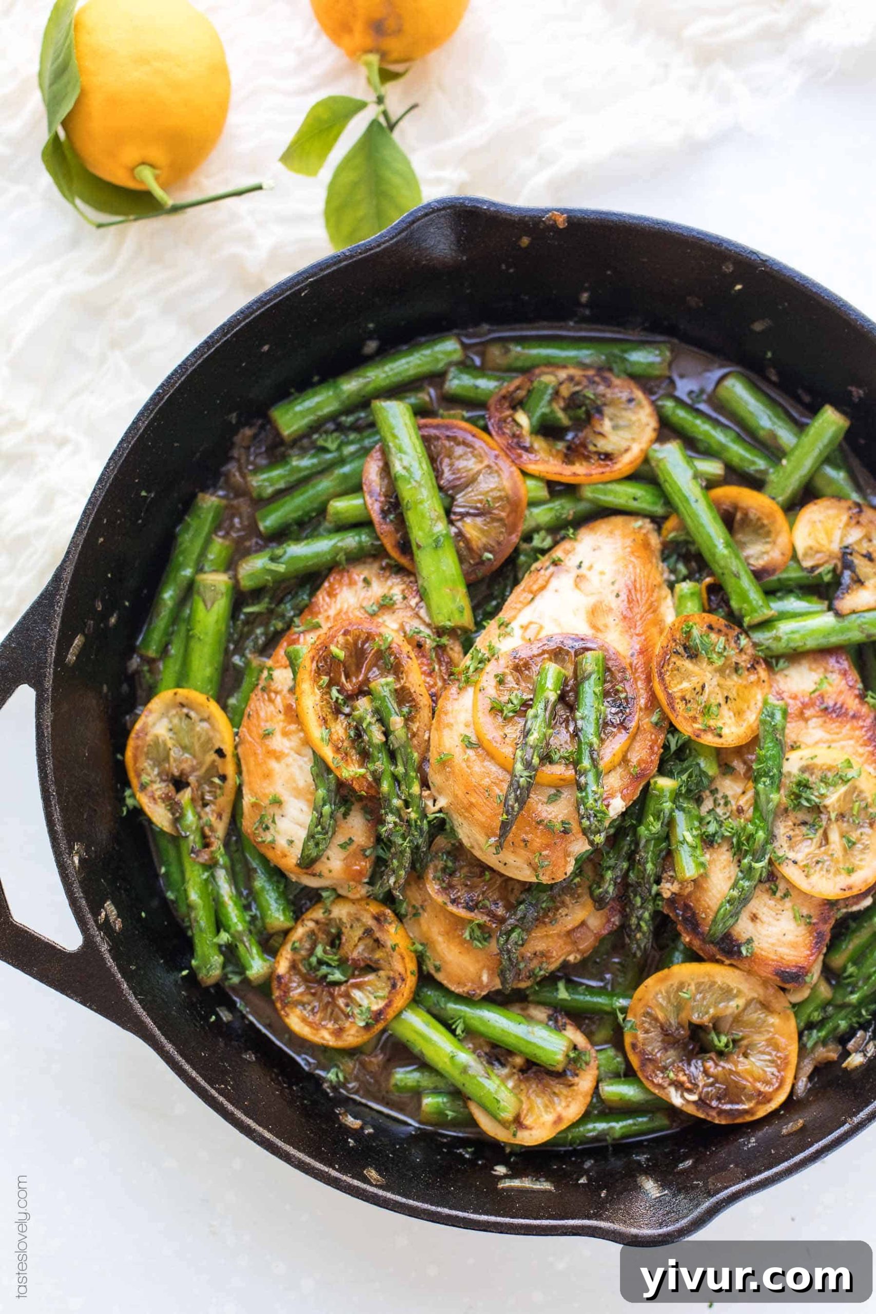 Zesty Paleo Lemon Honey Chicken and Asparagus Skillet 5 A perfectly cooked Paleo Lemon Honey Chicken and Asparagus Skillet, garnished with fresh lemon slices, ready to be served. Emphasizes healthy, quick meals for clean eating.