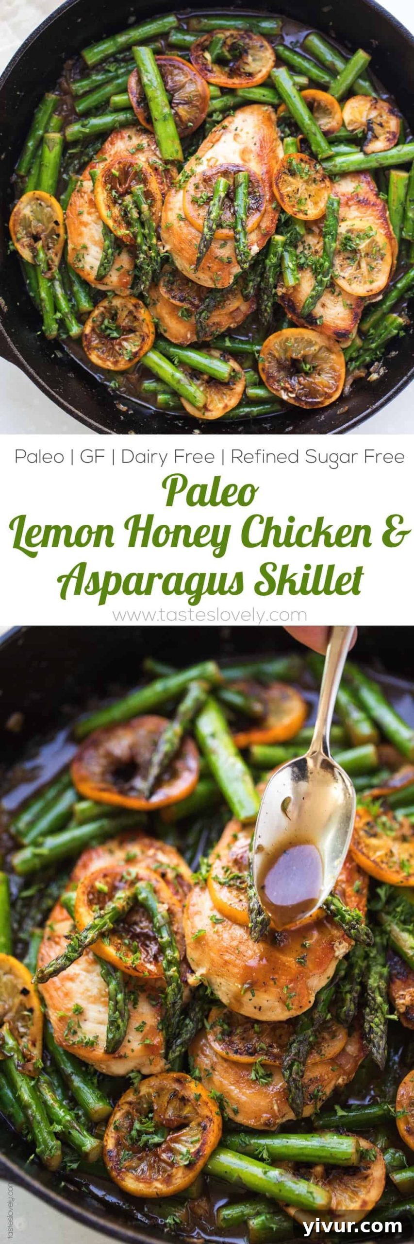 Zesty Paleo Lemon Honey Chicken and Asparagus Skillet 8 A tall, narrow image of the complete Paleo Lemon Honey Chicken & Asparagus Skillet, emphasizing its appetizing appearance and health benefits.