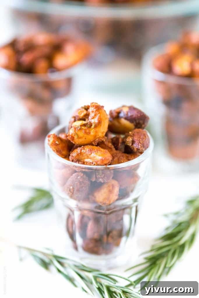 Sweet & Spicy Rosemary Roasted Mixed Nuts - perfect mixed nuts appetizer or hostess gift!