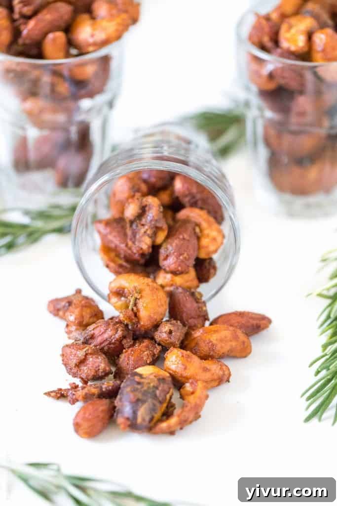 Sweet & Spicy Rosemary Roasted Mixed Nuts - perfect mixed nuts appetizer or hostess gift!
