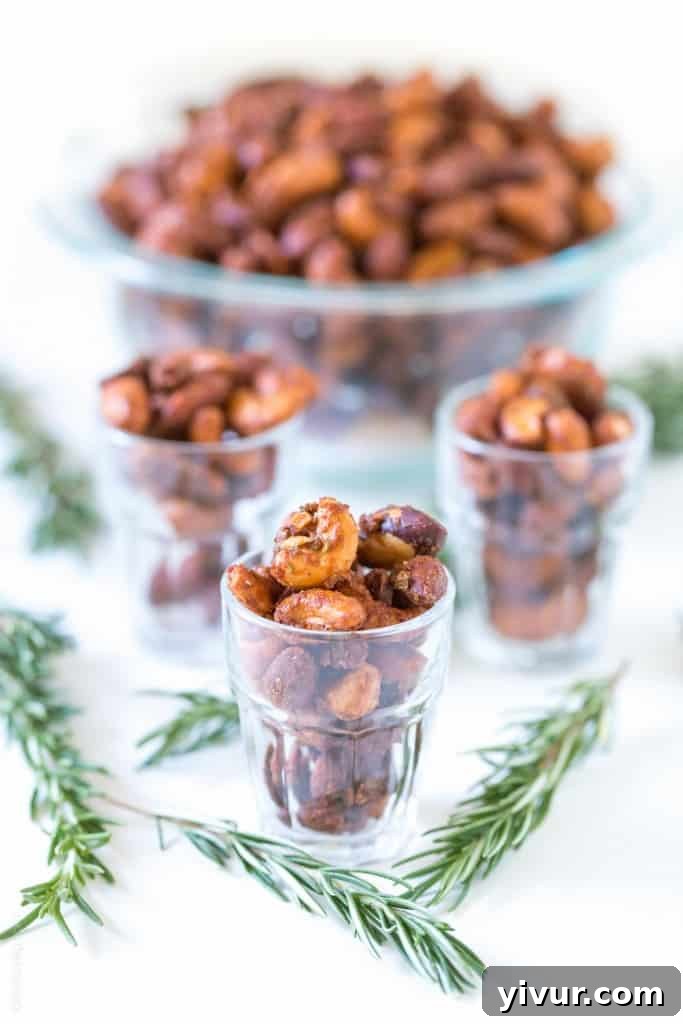 Sweet & Spicy Rosemary Roasted Mixed Nuts - perfect mixed nuts appetizer or hostess gift!