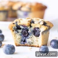 Close-up of a Paleo Blueberry Muffin, highlighting its golden-brown top and juicy blueberries inside.