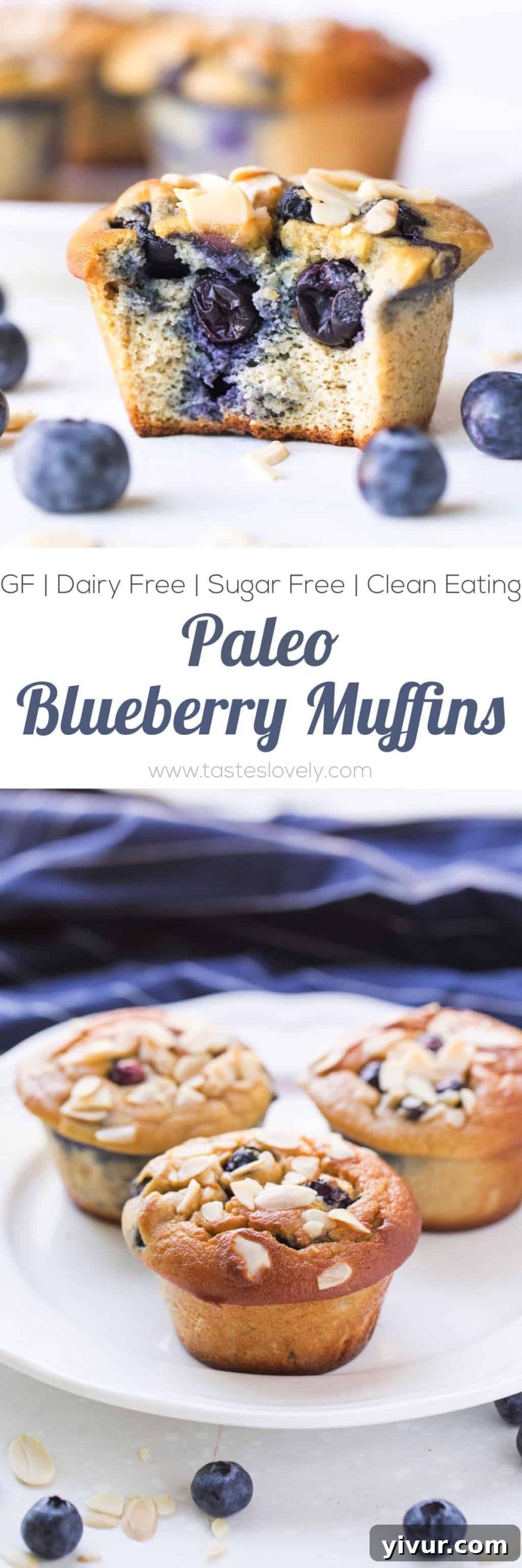 Tall and beautifully risen Paleo Blueberry Muffins in a vertical shot, emphasizing their appealing texture.