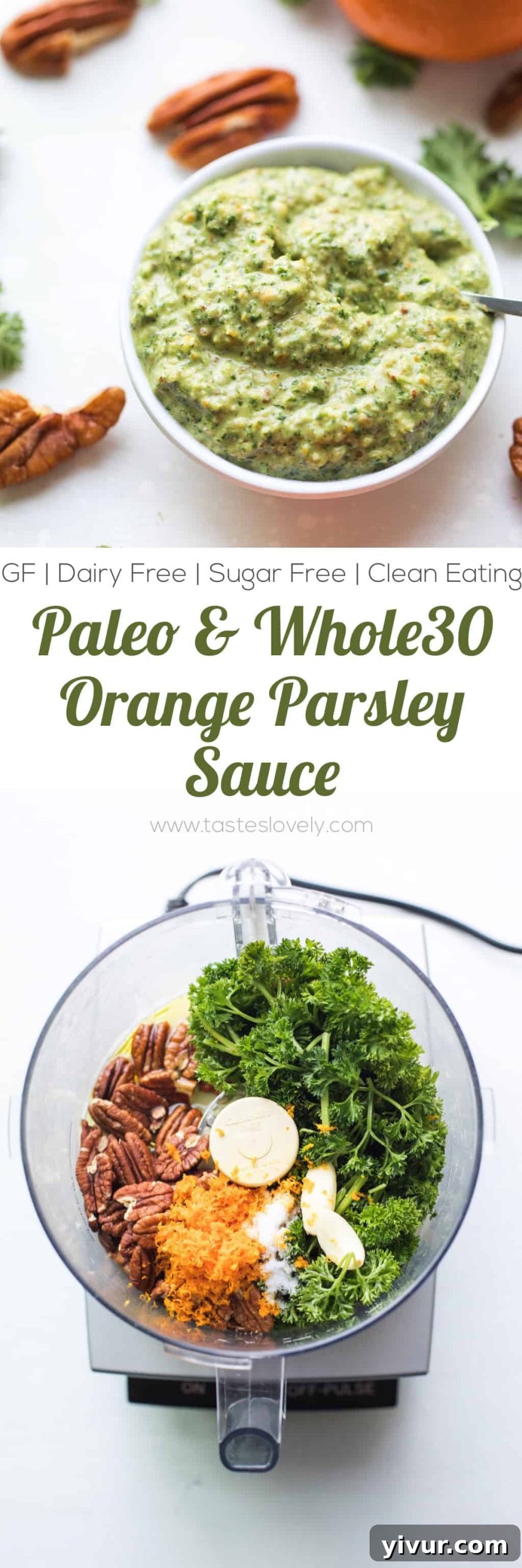 A beautifully composed shot of Whole30 Keto Orange Parsley Sauce drizzled over roasted salmon and asparagus, showcasing a complete and healthy meal.