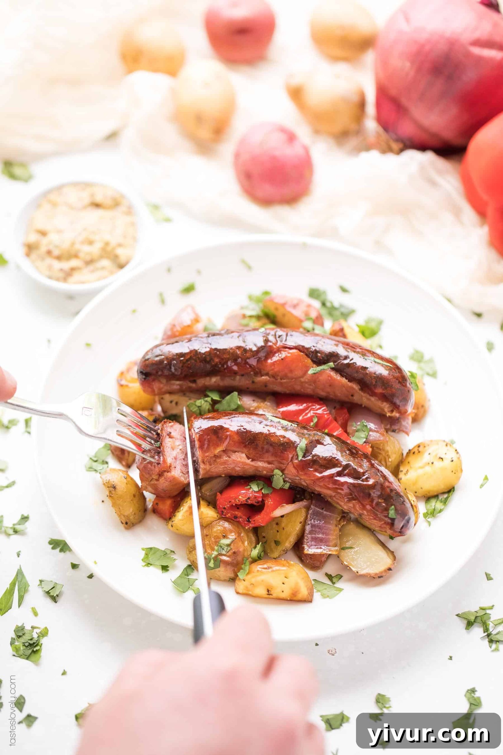 Delicious Paleo and Whole30 Sheet Pan Sausage, Bell Pepper and Potato Roast, a speedy and nutritious meal. Just 10 minutes prep time, oven takes care of the rest. Perfect for gluten-free, grain-free, dairy-free, sugar-free, soy-free, keto, clean eating, real food diets.