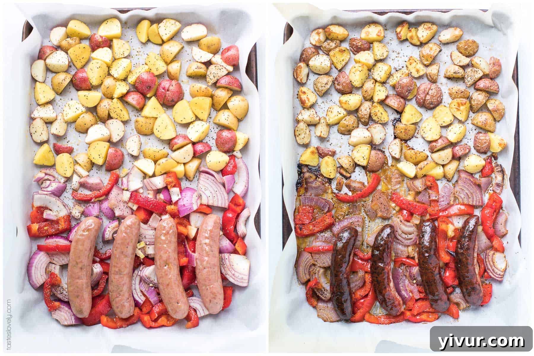 Quick and healthy Paleo and Whole30 Sheet Pan Sausage, Bell Pepper and Potato Roast. Just 10 minutes of prep for a delicious breakfast or dinner. Adheres to gluten-free, grain-free, dairy-free, sugar-free, keto, clean eating, real food standards.