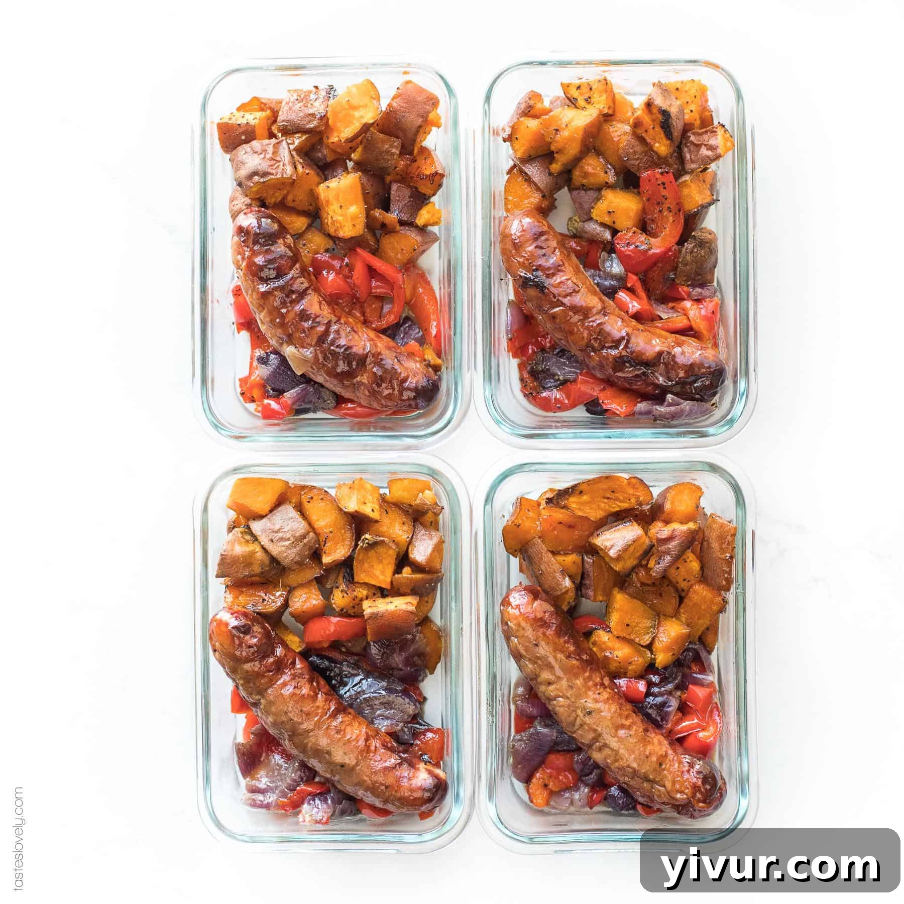 Paleo + Whole30 Sheet Pan Sausage, Bell Pepper & Potato Roast Meal Prep: a super quick and healthy breakfast, lunch, or dinner. Only 10 minutes of prep. Gluten-free, grain-free, dairy-free, sugar-free, soy-free, clean eating, real food compliant.