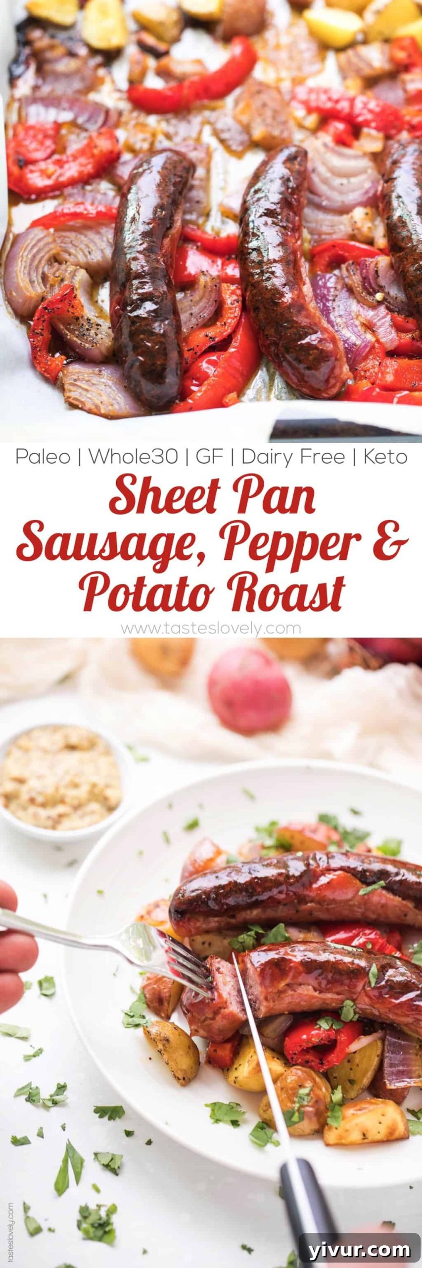 Sheet Pan Sausage, Bell Pepper and Potato Roast - a super quick and healthy breakfast or dinner recipe! Just 10 minutes of prep, and the oven does the rest of the work for you. #paleo #whole30 #glutenfree #grainfree #dairyfree #sugarfree #keto #cleaneating #realfood