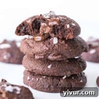 Keto Salted Chocolate Brownie Cookies in a stack with flaky salt on top.